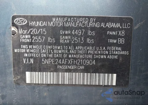 2015 Hyundai Sonata Se z USA, uszkodzony, nr VIN 5NPE24AFXFH210904